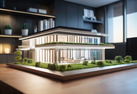 concept 3d render miniature model maquette of small skyscraper building on table in real estate agency. signing mortgage contract document demonstrating. futuristic business.