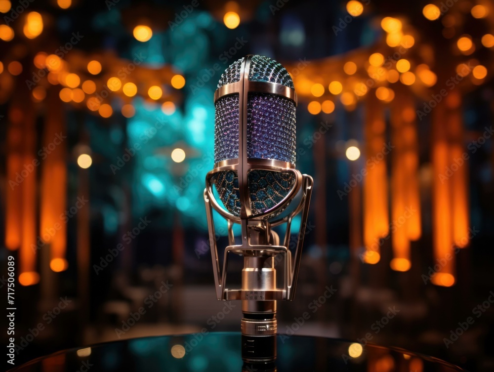 Poster a microphone on a table in front of a stage. generative ai.