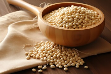 Fototapeta premium Pile of soybeans in a container made of wood. Generative AI