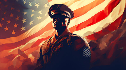 Soldier and USA flag on sunrise background . Veterans Day, Veterans day poster. Veteran's day illustration with american flag, 11th November, Vector illustration,  Veterans Day, Generative Ai - obrazy, fototapety, plakaty