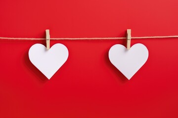 Two white hearts hanging on clothes pegs on a red background. Generative AI. - Powered by Adobe