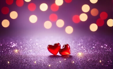 Two small red heart on a sparkling soft purple background, Valentine's Day, Christmas. Generative AI