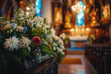 Naklejka na ściany i meble Church funeral with flower wreathed coffin