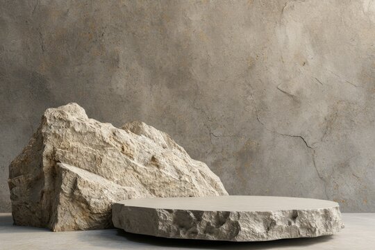 Ultra realistic photo of Stone podium rock pedestal stage empty scene luxury product display natural background for product placement 3d.
