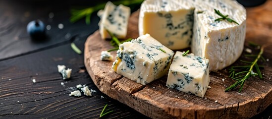 Blue cheese on a dark wooden surface