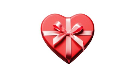 Valentine’s Day Red Heart-Shaped Gift Box with Elegant White Ribbon Bow Isolated on White Background