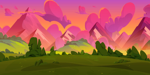 Summer sunset or sunrise natural landscape with green grass, bushes and trees on meadow in foot of high mountains under pink evening or morning sky. Cartoon vector scenery with grassland near hills. © klyaksun