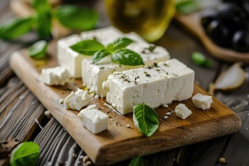 Famous Greek cheese Feta with olives basil on bamboo board