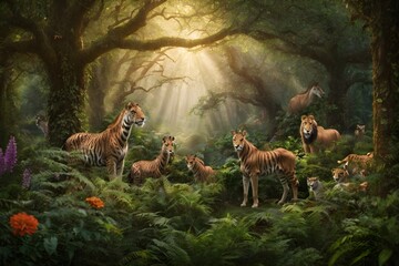Dangerous Wildlife day Lions and Tigers Predators in a beautiful Jungle Rainforest forest scene - obrazy, fototapety, plakaty