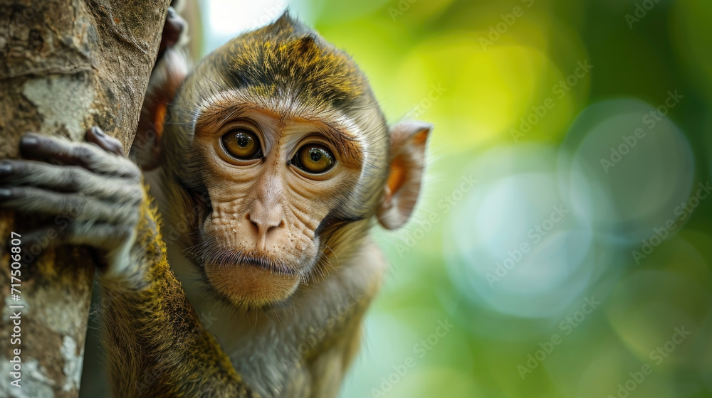 Poster closeup of a curious monkey peering at the camera as it hangs onto a thick vine its agile fingers ti