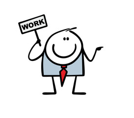 Happy businessman offers good job, points the direction with his finger, holds sign with important message information. Vector illustration of the employer. Isolated cartoon boy on white background.