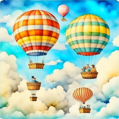 Beautiful fantasy hot air balloons against a blue sky and clouds.