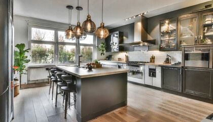 beautiful kitchen in new luxury home with island, pendant lights, hardwood floors, and stain. Generative AI.