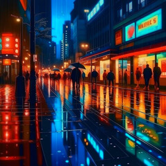 Night city in the rain with reflections on wet street.
