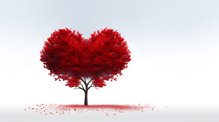 Tree of love. Red heart shaped tree landscape. Valentine's Day background. Red heart shaped tree at sunset, valentine's day template banner, seasonal wallpaper, generative ai