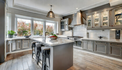 Beautiful kitchen in new traditional style luxury home, with quartz counters, hardwood floor. Generative AI.