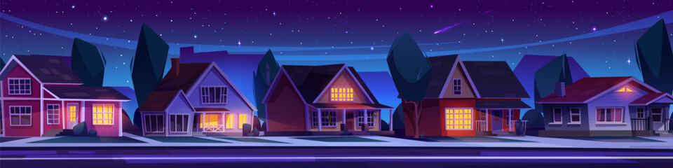 Night dark suburban landscape with house in row on street with light in windows, trees and yards, road and driveway. Cartoon vector town scenery with modern neighborhood cottages under moonlight. © klyaksun