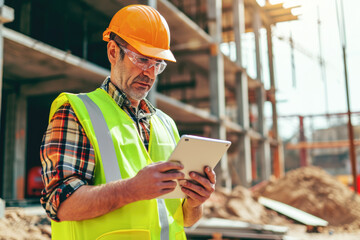 Architect using digital tablet at construction site. Engineering and architecture concept.