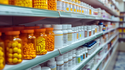 bottles of pills and medication on pharmacy shelf - obrazy, fototapety, plakaty