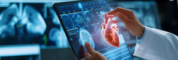 Cardiologist doctor examine patient heart functions and blood vessel on virtual interface. Medical technology and healthcare treatment to diagnose heart disorder and disease of cardiovascular system - obrazy, fototapety, plakaty