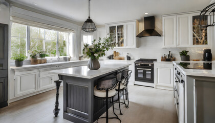 Beautiful white kitchen with dark accents in new modern farmhouse style luxury home. Generative AI.