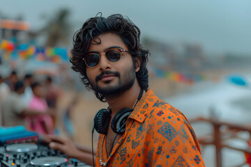 Stylish young DJ with headphones at a beach party, wearing sunglasses and a patterned shirt.