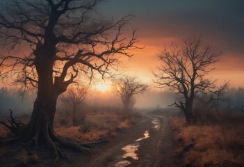 Scorched earth with dirt walking track, path through burnt landscape after bushfire, forest fire