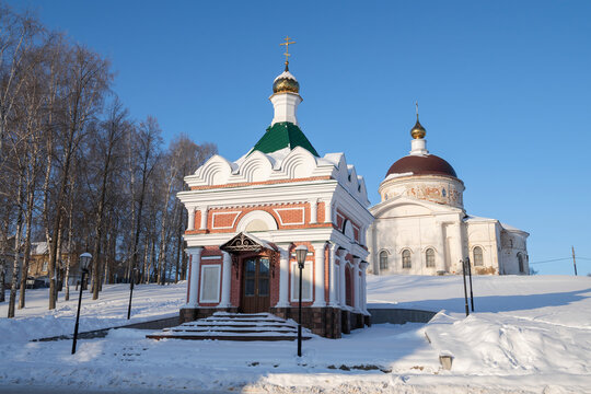 Chapel of St. Nicholas the Wonderworker and the ancient St. Nicholas Cathedral on a sunny January day. Myshkin. Yaroslavl region, Russia