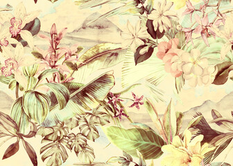 Tropical pattern with flowers and leaves on the background of a landscape with mountains and sky. Seamless wallpaper with tropical flowers and leaves