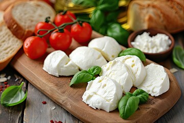 Bread topped with melted mozzarella cheese