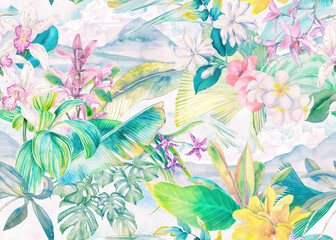 Fototapeta na wymiar Tropical pattern with flowers and leaves on the background of a landscape with mountains and sky. Seamless wallpaper with tropical flowers and leaves