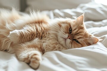 Comfortable Persian cat on bed
