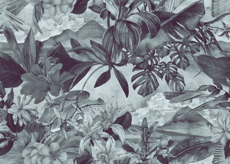 Tropical pattern with flowers and leaves on the background of a landscape with mountains and sky. Seamless wallpaper with tropical flowers and leaves © Арина Трапезникова
