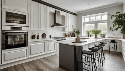 Beautiful white kitchen with dark accents in new modern farmhouse style luxury home. Generative AI.
