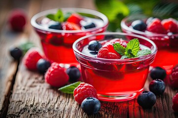 Summer dessert made with fresh berries in the form of berry fruit jelly