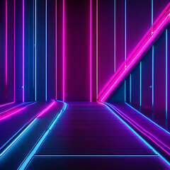 3d render. Abstract panoramic background of curvy dynamic neon lines glowing in the dark room with floor reflection. 