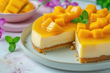 Yummy glazed mango cheesecake with fresh diced mango on a plate served on a bright table - obrazy, fototapety, plakaty