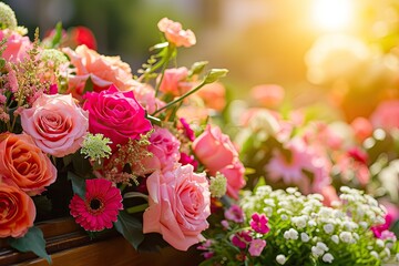 Mourning and loss wooden coffin flowers funeral