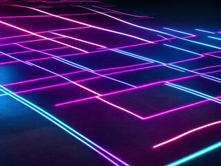 3d render. Abstract panoramic background of curvy dynamic neon lines glowing in the dark room with floor reflection. 