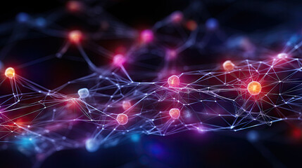 Neural network 3D illustration. Big data and cybersecurity. Data stream. Global database and artificial intelligence. Bright, colorful background with bokeh effect 