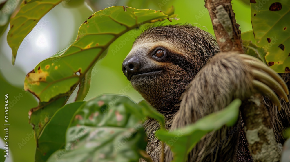 Poster closeup of a content sloth curiously sniffing the leaves as it slowly ascends the tree its fur blend