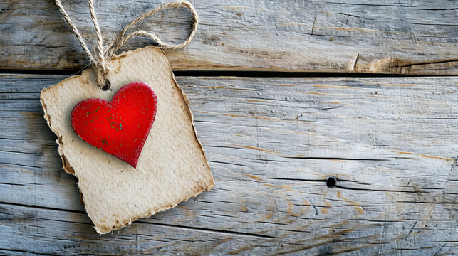 Red heart price tag on wood background. Valentine's Day Card, with area for text.