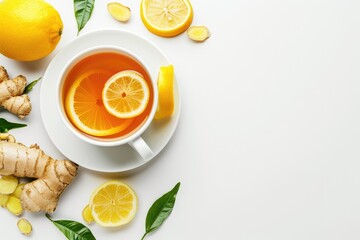 Ginger and lemon tea on white background creatively designed Top view