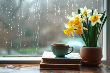 Daffodil blossoms outside the window on a spring day, rain falling on the cafe window and flowing raindrops, books and coffee. © Muhammad