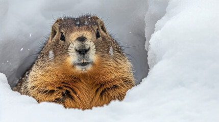 Closeup of a marmot braving the cold winter weather as it ventures out of its burrow its thick fur coat and round body providing insulation against the snowy surroundings. - obrazy, fototapety, plakaty