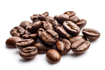 Close up of isolated coffee beans on a white background