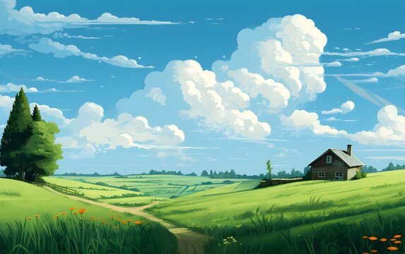 A very beautiful digital image of a green field landscape at home