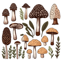 Set of Morel Mushrooms hand drawing isolated vector illustration, spring collections