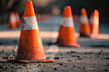 Row of bright orange traffic cones on the road