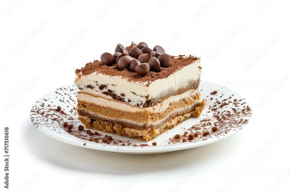 Wall mural Tiramisu dessert on a plate isolated on white